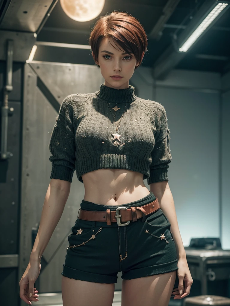 slim feminine figure, redhead, best quality, realistic skin texture, photography, film grain texture and high contrast, extremely high-resolution details, photographic, photorealistic, hyper-realistic, HDR, masterpiece, ((short pixie hair)) shorts, (((a long sweater))), (((a futuristic beautiful metal belt))), (((belt decorated with moons and stars))), thin waist, wide hips, a lot of plants with big green leaves in the background, (((close-up on shorts))), thighs, sunshine