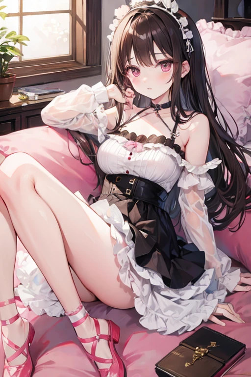 Beautiful girl with long, straight brown hair, pink eyes, she wears a ballerina's tutu and pink ballet slippers 🩰, she also wears a black choker.