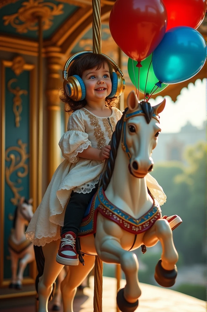 Artistic intervention with a carousel image and a Renaissance period background. A blue-eyed wearing Renaissance childhing sitting on the central horse of the carousel with one hand holding the carousel and the other holding balloons in royal blue, rot, Amareli is green. In the ears, The child shouar large-sized headphones to stand out and be decorated as a Renaissance accessory