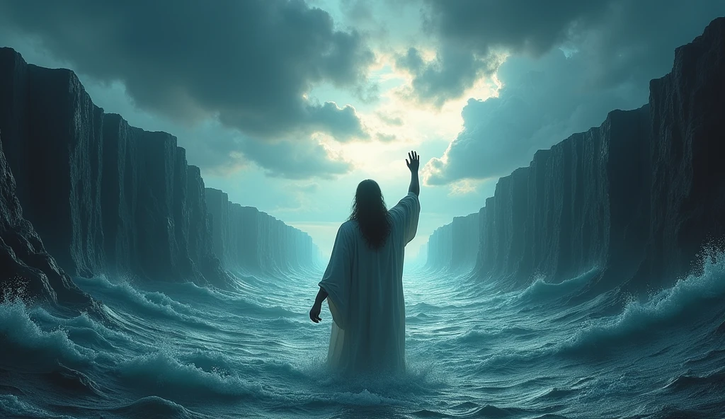 Moses raising his hand, as the waters of the Red Sea part around him. The sky is stormy, with dark clouds, creating an atmosphere of drama and miracle.