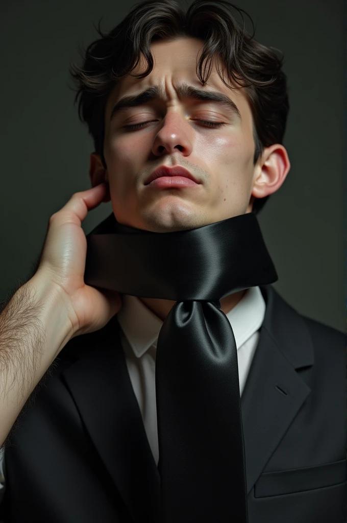 A satin black tie is pulled very tightly around the thin man's throat., Beautiful, glossy youth, his face is elongated, худое, Without makeup, without a beard, the face expresses strong suffocation, eyes closed, Hairy, male, a thin hand holds a young man by the tie from above