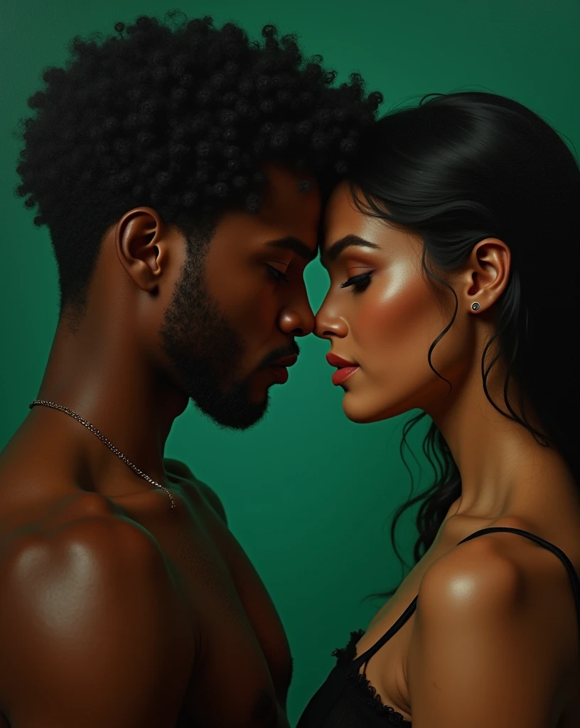 A young afroamerican man, a beautiful Latin woman with dark skin and chocolate color eyes looking at viewer, emerald green color, seductive, balanced, perfect beauty, (best quality,4k,8k,highres,masterpiece:1.2),ultra-detailed,(realistic,photorealistic,photo-realistic:1.37),oil painting,cinematic lighting,dramatic contrast,chiaroscuro,warm color palette,sensual,intimate,romantic