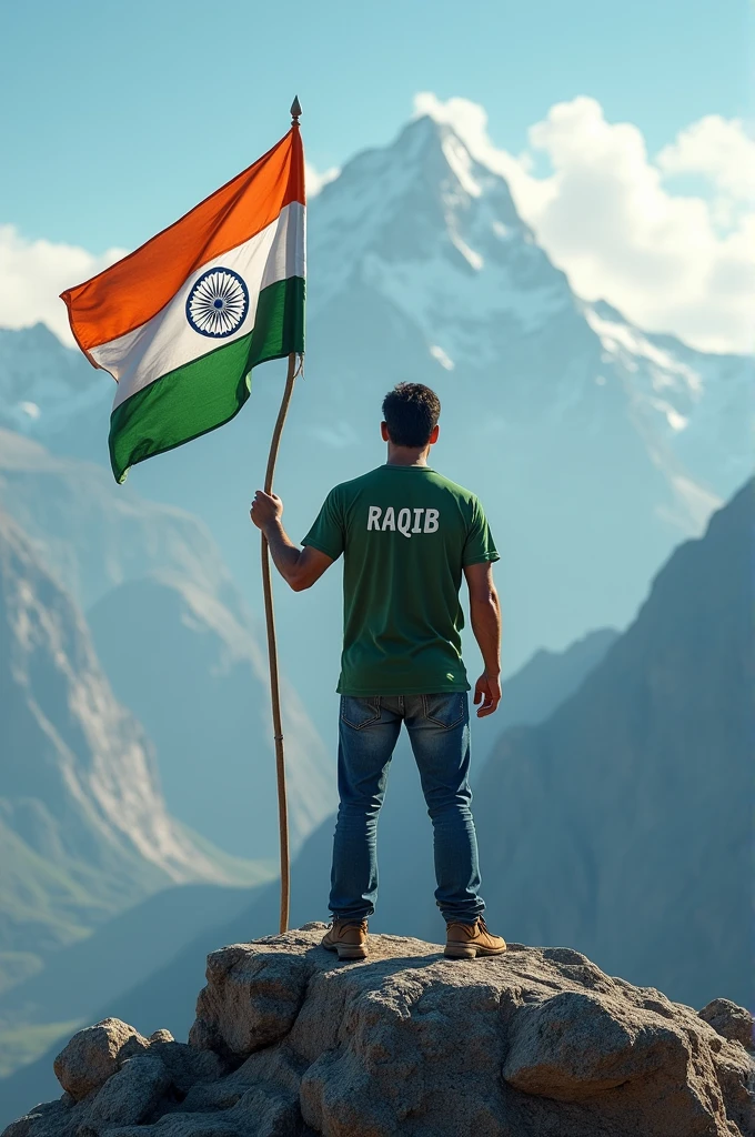 Happy Independence Day 14 August 2024 is written on big flag of Pakistan and a 35-year-old boy is standing in front of him wearing Army T-shirt, with name "ASAD" written on t shirt, and holding the Pakistani flag in his hand, 3D art painting realistic high quality photo