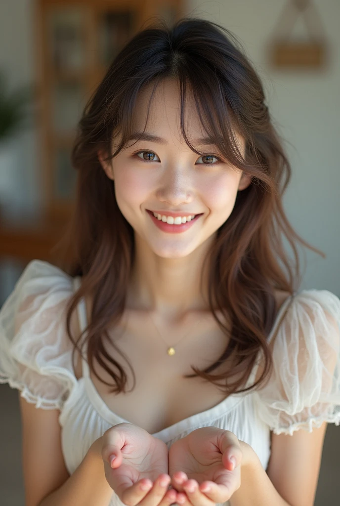 Highest quality、Portrait、Reality、live-action、Showing his palms to me、Japanese、18-year-old、(Hostess)、Brown Hair、(slender:1.2)、