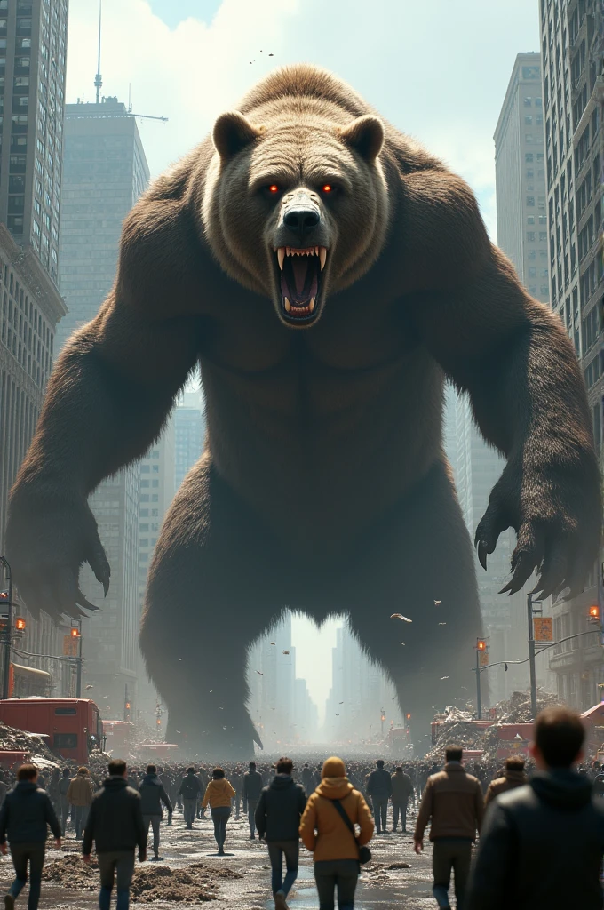 Create a giant bear destroying a city