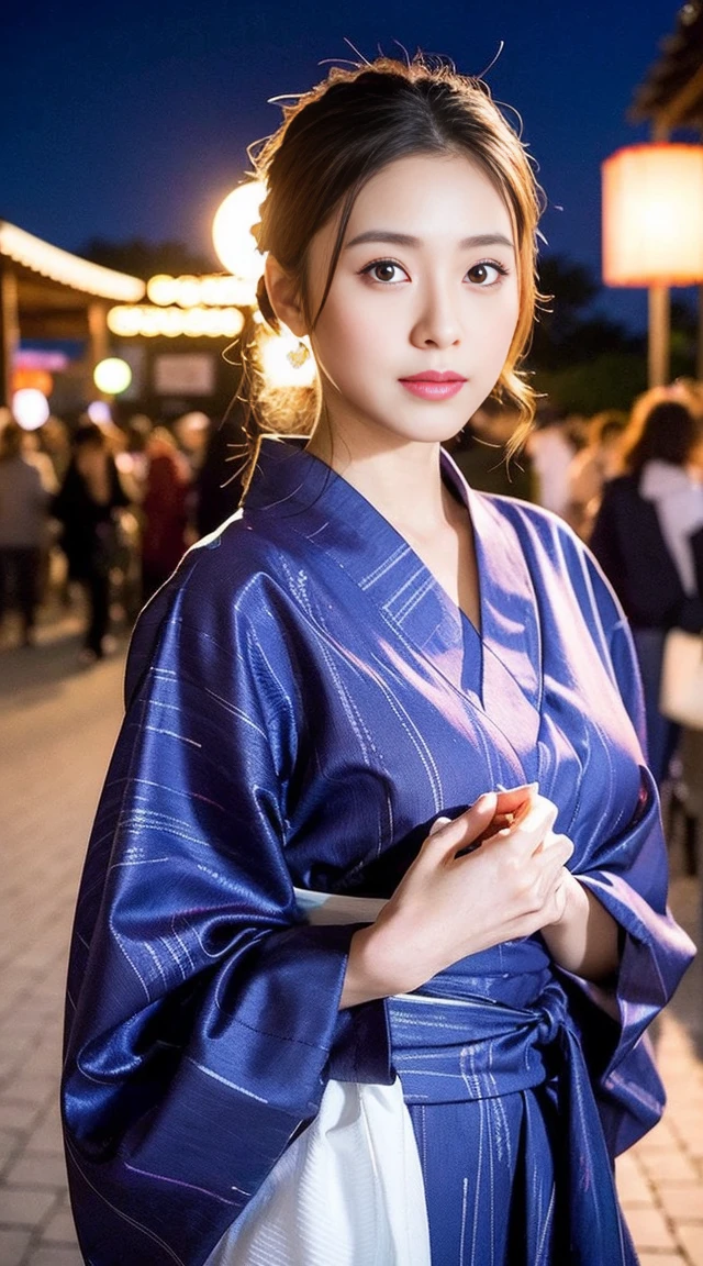 Dark brown hair、Light brown eyes、Japanese actress、 Lady、I am about 40 years old..、(Intricate details:1.2)、(Which is higher???:1.4)、 (Ultra-high resolution:1.2)、Ultra-high resolution、(Fine-tune)、(Detailed facial features)、Hmph、8k resolution、D cup size breasts、Long Hair、Hue、night、,Full body photo、Updo、Enjoying the festival、Japanese Festivalsの活気ある光景. The woman is wearing a yukata with a colorful floral pattern., Her hair is styled with a decorative hairpin. A woman wearing a traditional summer yukata. They have festival foods such as takoyaki and cotton candy..nightのお祭り、Summer festival、Japanese Festivals、night祭り、