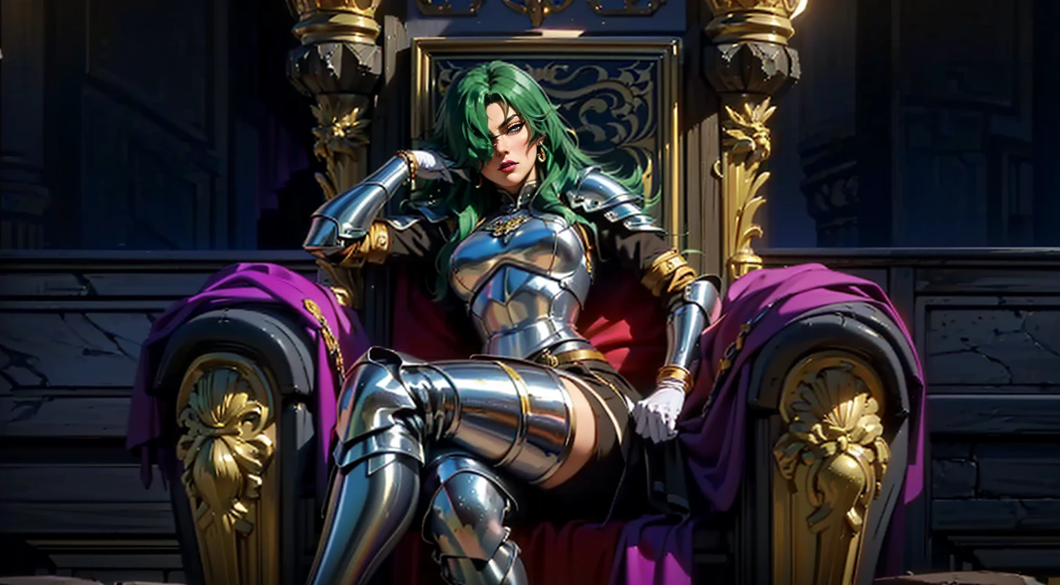 ((1girl, solo ,alone, long hair, green hair, yellow eyes, hair covering one eye, long gloves, white gloves, woman, (one hand on her hip, one hand behind her head) , dynamic pose, muscular female, gold bracelets, ruby earrings)), ((solo, 1woman, pink lipstick, Extremely detailed, ambient soft lighting, 4k, perfect eyes, a perfect face, perfect lighting, a 1girl)), austere, ((sitting on a throne, ((legs crossed, high heels)), female knight, female warrior, armor, shining armor, medieval armor, sitting on throne, ornate throne, crossed legs, exit from throne, palace, castle, banners))