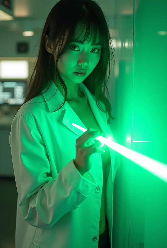 A sexy japanese scientist in a labcoat is getting hit by a green laser beam