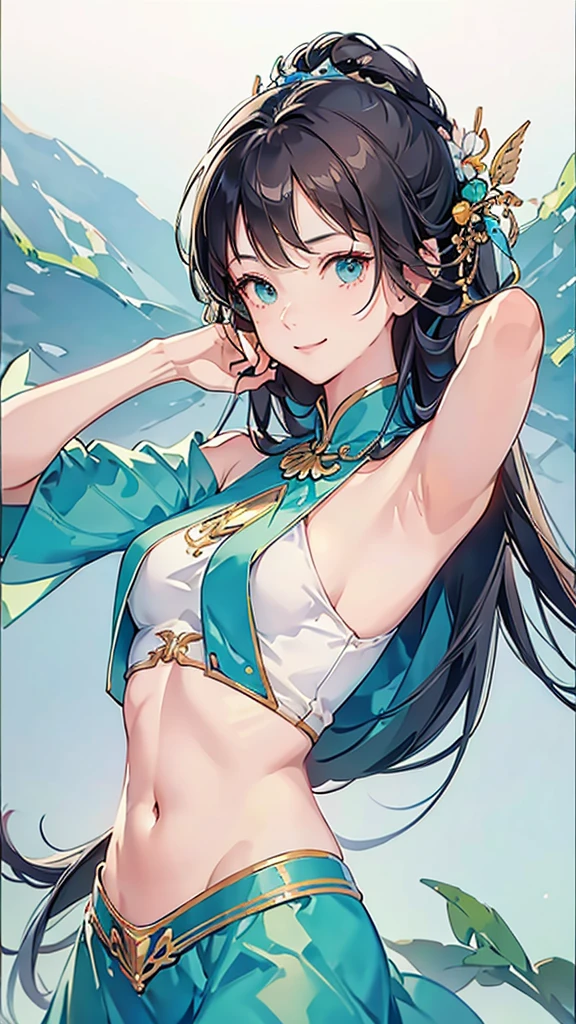 short girl, 1girl, solo, masterpiece, highres, solo, 8k, detailed, perfect face, best quality, (ultra high quality), (looking at viewers), (armpit), bare arms, small breast, black hair, long hair, hair bangs, green eyes, belly, stomach, navel, abs, slim body, upper body, smile, hand up