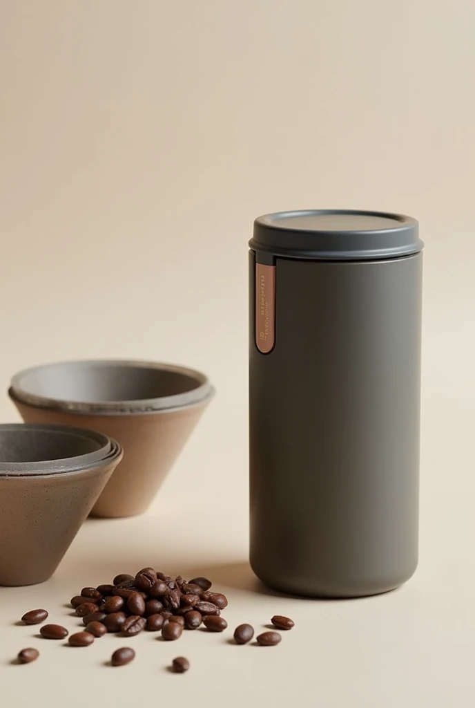Create an 8 cm high mug with a screw-on lid, that incorporates a space at the bottom to insert coffee beans and grind them with a small grinder, next to the cup put several coffee filters of the same diameter as the cup. Please do it without a logo