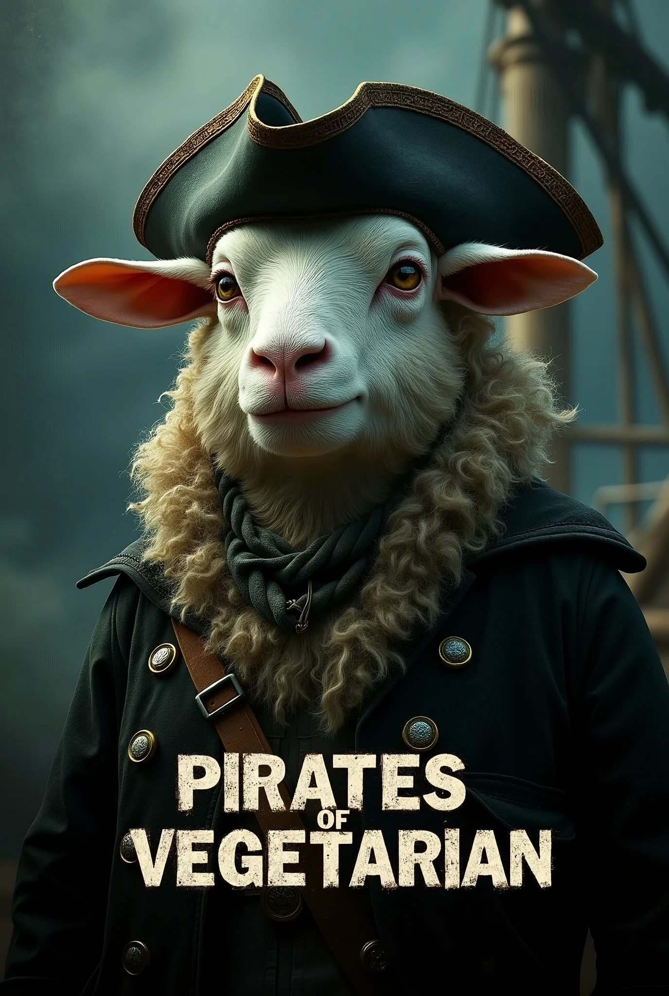 Create a cinematic poster featuring photorealistic portrait of Dressed animals - a ((fat)) sheep pirate, , wearing  pirate costume and  pirate hat , with a serious, intense expression, He should be slightly off-center in the composition, The background should be dark and gritty, pirate's ship with smoky or grunge textures, Use a color scheme of black, deep blues, and dark greens, with subtle silver or gold accents to capture the show's mood, At the bottom of the poster, place the text "PIRATES OF VEGETARIAN" in large, bold, distressed letters, in a sans-serif font. The text should have a cinematic style, with slight shadow or glow effects to make it stand out against the background.