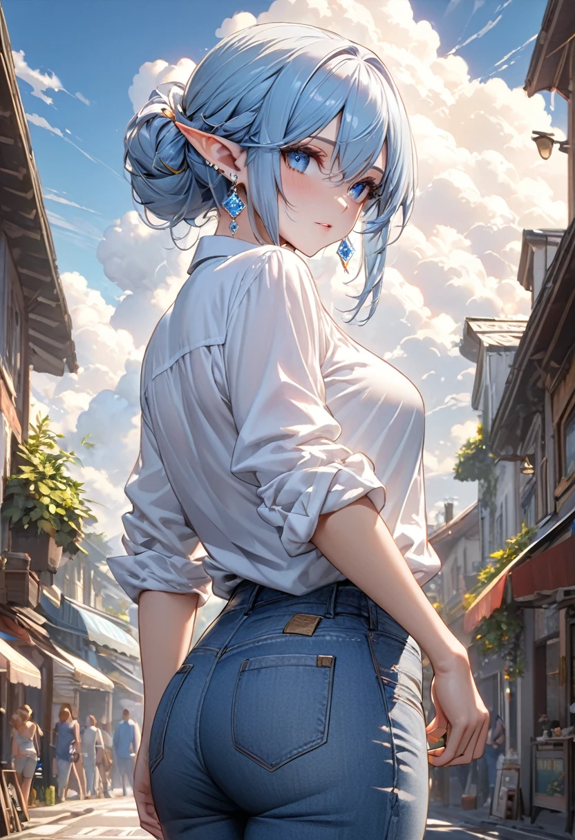 perfect eyes, soft light, high quality, 4k resolution, masterpiece, textured skin, high details, detailed face, detailed eyes, best quality, award winning, super detail, high quality, elf, light blue hair, half updo, pointy ears, crystal earrings, White linen shirt, Roll up the sleeves of her long-sleeved shirt, denim pants, street fashion, casual outfit, cumulonimbus clouds in the background, midsummer sunshine