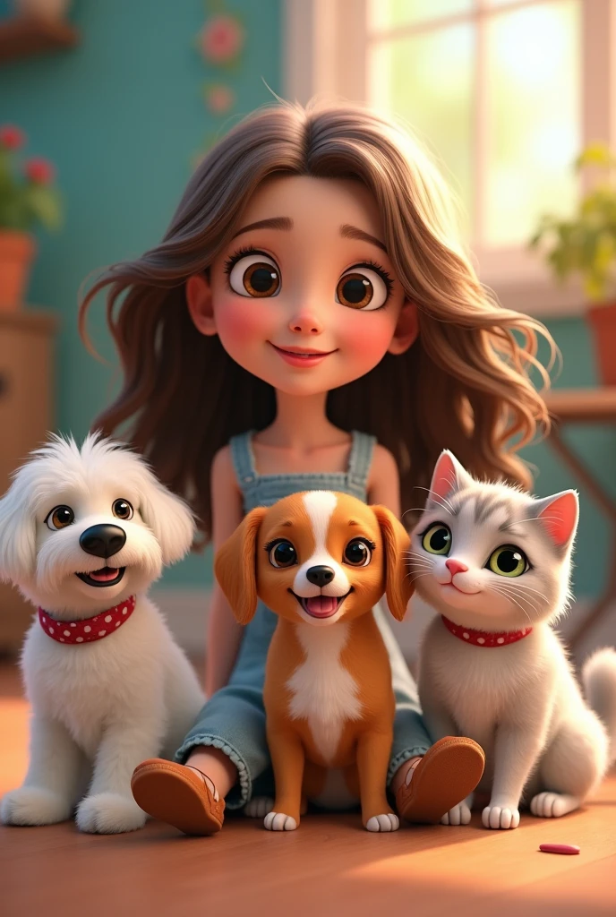 Girl with the following physical characteristics: brown wavy hair, large eyes, round, rosy cheeks. Must have three pets: a white poodle, A small, white, short-haired Chihuahua with a circular brown spot around one eye, and also a light gray cat with white that goes like a line from the eyes to the whole muzzle.. Animated