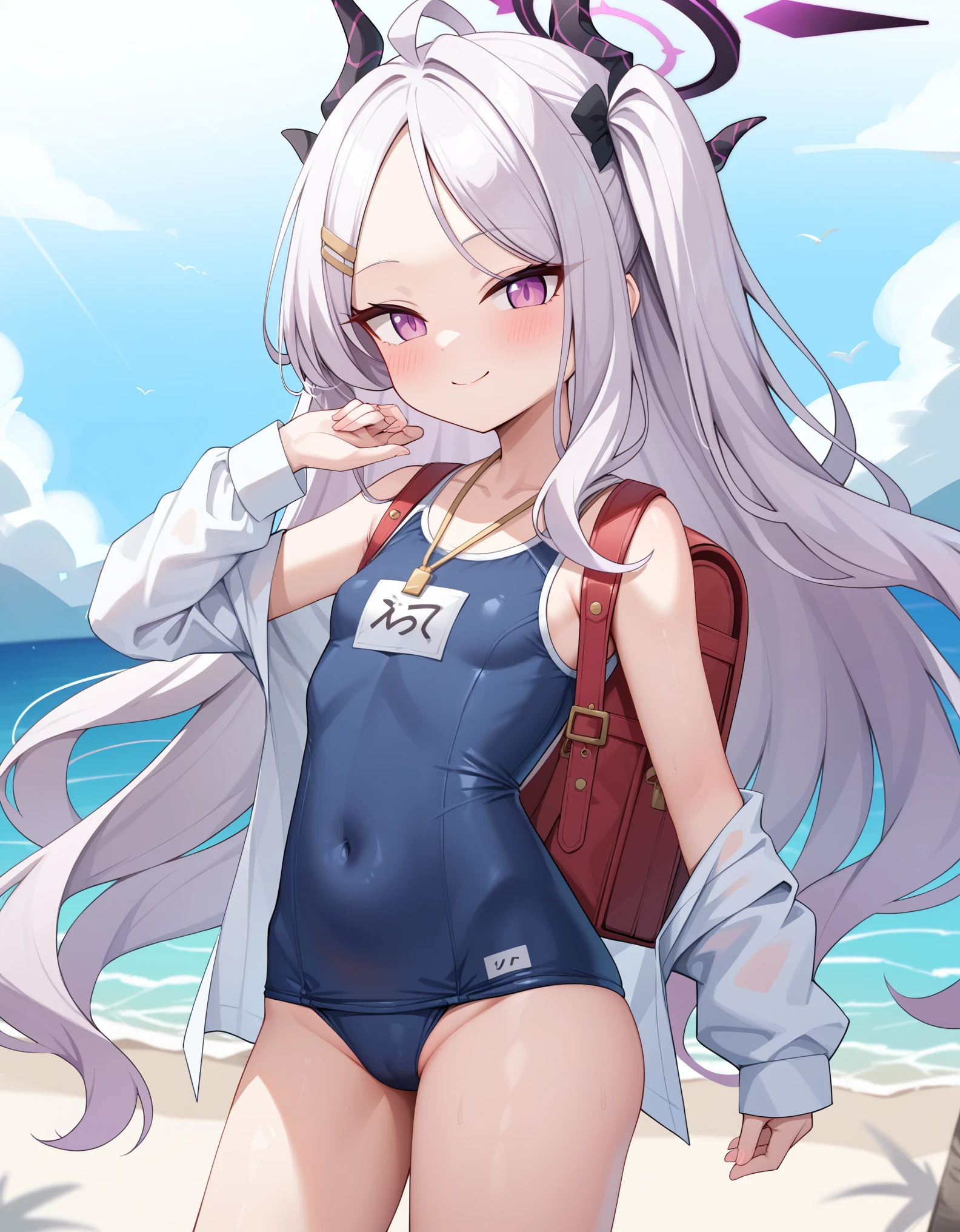 Masterpiece, hd, best quality, solo, standing, solo, bangs, blue archive, blush, standing, closed mouth, wearing swimsuit, school swimsuit, elementary school swimsuit, wearing neck whistle, hair ornament, hairclip, halo, highres, sorasaki hina, hina (blue archive), horns, long hair, long sleeves,multiple horns, purple eyes, smile, outdoor, beach, summer, standing, red backpack