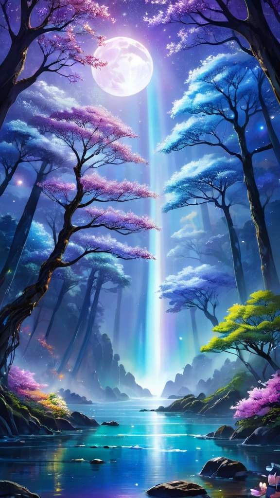 Fascinating, An otherworldly landscape enveloped in soft light, The rainbow glow of the three moons, Each has its own unique color、It has a bluish hue。, Silver Ethereal, and a deep amethyst color. In the foreground, Ancient, Towering trees with iridescent bark stand guard, The leaves sparkle like liquid mercury、Decorated with changing patterns. Under the tree, A clear river flows, The water reflects the color of the moon, A fish with milky white scales glides through the current.

In the distance, Floating islands made of luminous minerals float in a rainbow sky, Calm, Prismatic light reflects off the surreal terrain below. On one of these islands, Majestic, A rainbow-colored bird with wings like stained glass soars gracefully, Their feathers reflect the moonlight, creating breathtaking colors..

The audience watching this breathtaking spectacle, They can almost feel the gentle caress of an iridescent breeze。, Fascinating, pulsating, carrying the sweet scent of flowers from another world, hypnotic rhythm. The entire landscape appears to exist in a state of perpetual motion., Like a living thing, Breathing Entity, And the air itself is filled with an otherworldly energy beyond imagination..

This sight is a testament to the infinite wonder of the universe。, A symphony of color and light that evokes awe and wonder, Transporting the observer to a realm where the extraordinary is commonplace, Its beauty is incomparable.