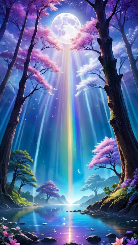 Fascinating, An otherworldly landscape enveloped in soft light, The rainbow glow of the three moons, Each has its own unique color、It has a bluish hue。, Silver Ethereal, and a deep amethyst color. In the foreground, Ancient, Towering trees with iridescent bark stand guard, The leaves sparkle like liquid mercury、Decorated with changing patterns. Under the tree, A clear river flows, The water reflects the color of the moon, A fish with milky white scales glides through the current.

In the distance, Floating islands made of luminous minerals float in a rainbow sky, Calm, Prismatic light reflects off the surreal terrain below. On one of these islands, Majestic, A rainbow-colored bird with wings like stained glass soars gracefully, Their feathers reflect the moonlight, creating breathtaking colors..

The audience watching this breathtaking spectacle, They can almost feel the gentle caress of an iridescent breeze。, Fascinating, pulsating, carrying the sweet scent of flowers from another world, hypnotic rhythm. The entire landscape appears to exist in a state of perpetual motion., Like a living thing, Breathing Entity, And the air itself is filled with an otherworldly energy beyond imagination..

This sight is a testament to the infinite wonder of the universe。, A symphony of color and light that evokes awe and wonder, Transporting the observer to a realm where the extraordinary is commonplace, Its beauty is incomparable.