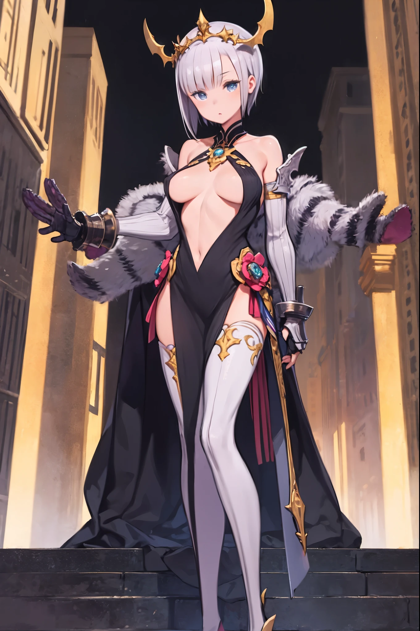 fantasy, 1girl,young_, ,silver_hair, short_hair, long_bangs, bare_shoulder,thighhighs,silver_armor, waist_armor, large_breasts,half_eyes,floating, bare_crotch, headgear,gauntlet, greaves,city_background,slightly_spread_legs, solo, groin_naked,hair_over_one_eye,