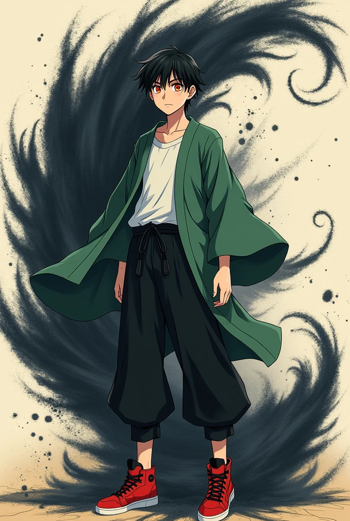 Create an illustration of an 18-19 year old boy, with short black hair and orange eyes, large scar on the left side of the face, skin fair, wearing an open green haori, white undershirt, black pants and a pair of red and black sneakers, transforming his right side into black sand and manipulating a black sandstorm.