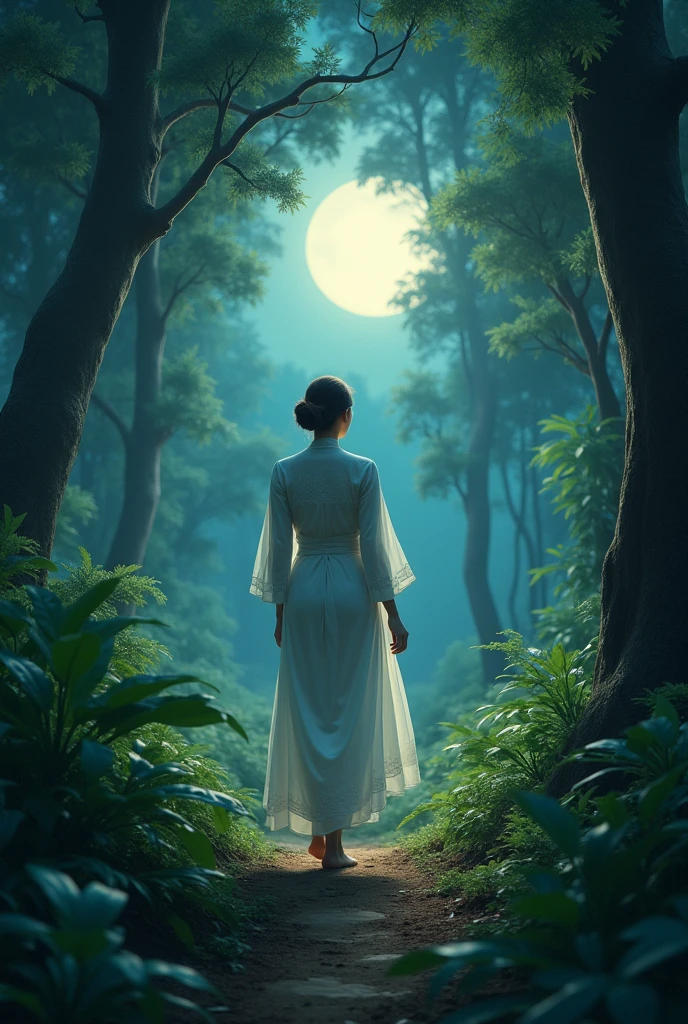 wearing a white Javanese kebaya (kebaya) apparel、A woman with her hair tied in a simple bun, In the night view，walking barefoot on a pathway surrounded by trees and forest，Turn your back to the screen.