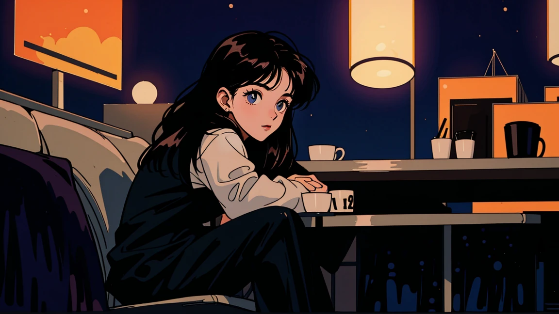 Highest quality, 8k, 1990s style,Hairstyles of the 2010s, 21 year old girl, Black Hair, Long Hair, Light brown eyes, City Pop, pants ,Night view, Wear headphones, whole body, Relax Coffee,table,making,look at me, Black cat