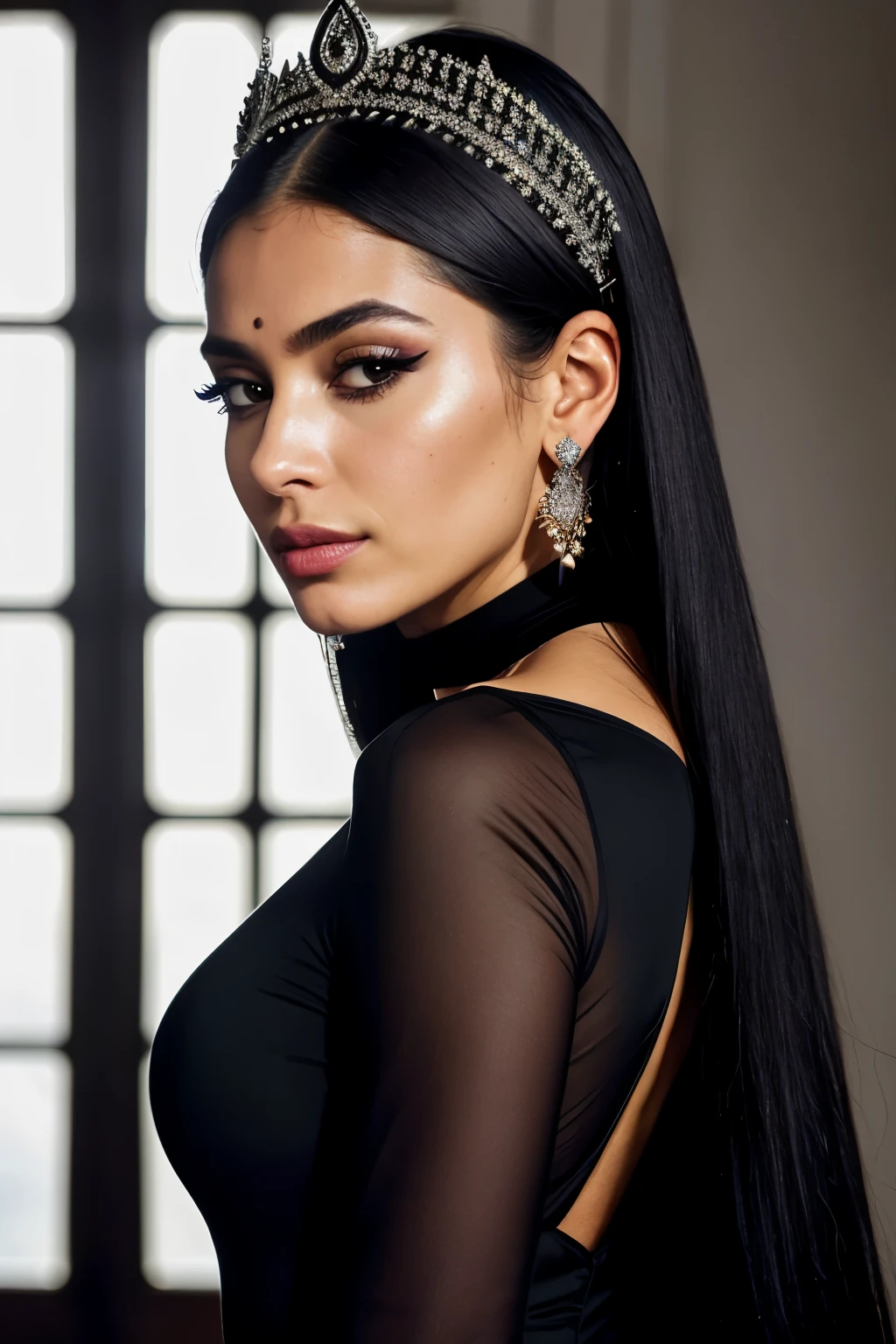 realistic portrait of an extremely beautiful Colombian woman, wearing a tight black Nadia Long Sleeve Scoop Back Midi Dress, wearing a choker, detailed facial features, piercing eyes, wearing a headdress, elegant long eyelashes, beautiful lips, delicate nose, intricate jewelry, dramatic lighting, highly detailed, photorealistic, 8k, cinematic composition, dramatic pose, masterpiece