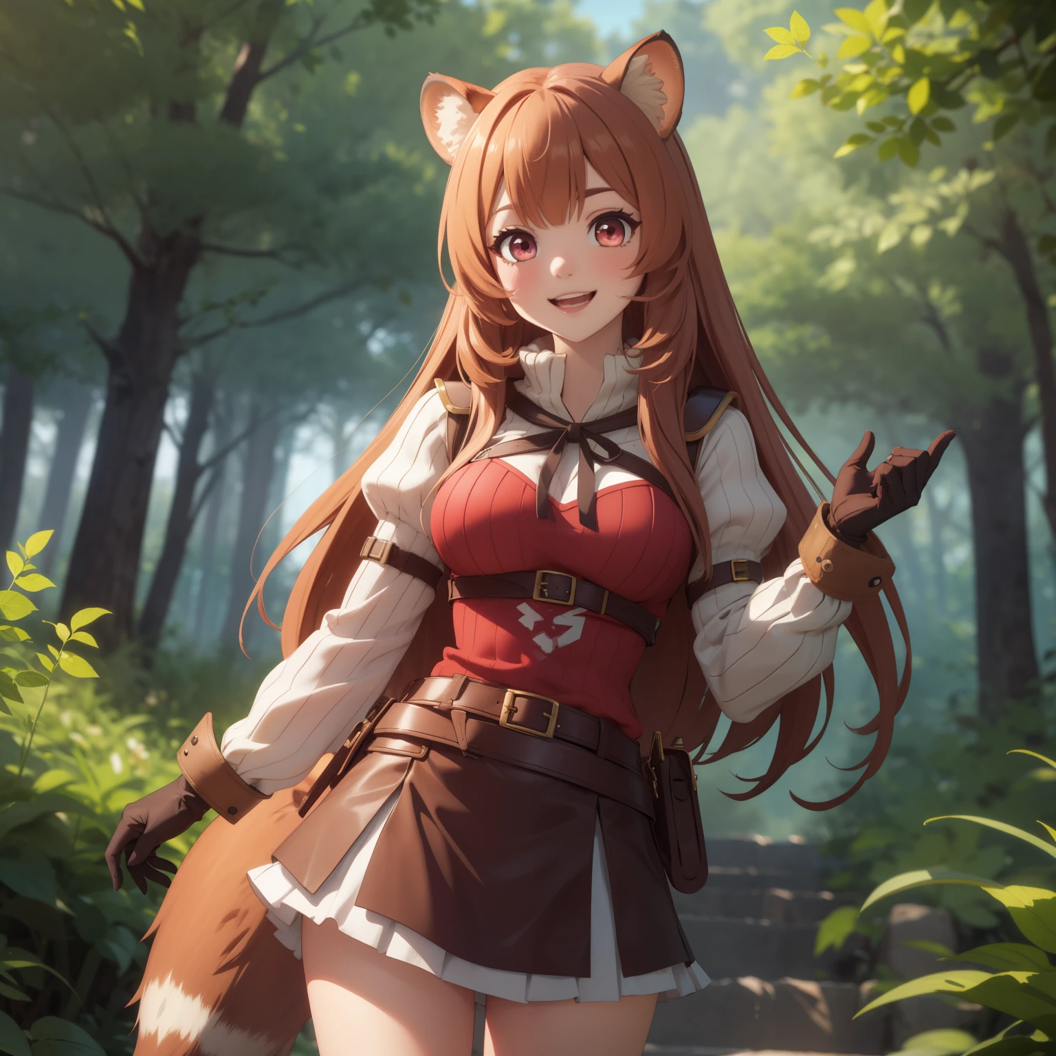 score_9, score_8_above, score_7_above, fountain_cheered up, Raphtalia, Raphtalia, by the wide, hits, by naranjo, animal ears, raccoon ears, big breasts, raccoon tail, raccoon girl, pink eyes, smile, long sleeves, sweater, ribbed sweater, puffy sleeves, breastplate, Love, red Love, gloveletes, glove, brown gloves, belt, Skirt, armor, outdoor, forest, nature, looking at the viewer, cowboy shot, dutch angle, dynamic pose, big breasts.