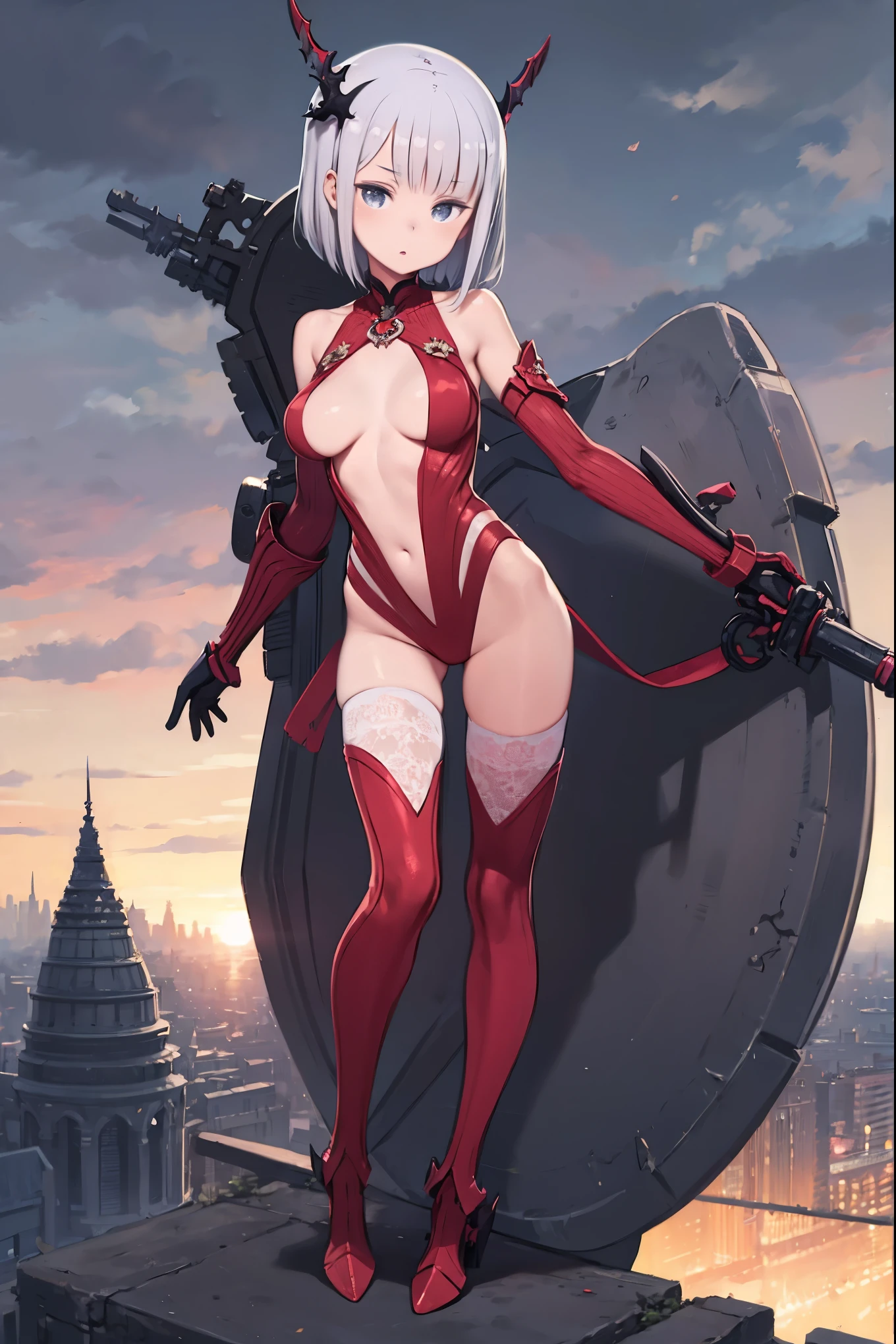 fantasy, 1girl,young_teen, ,silver_hair, short_hair, long_bangs, bare_shoulder,thighhighs,silver_armor, waist_armor, large_breasts,half_eyes,floating, bare_crotch, headgear,gauntlet, greaves,city_background,slightly_spread_legs, solo, groin_naked,hair_over_one_eye,