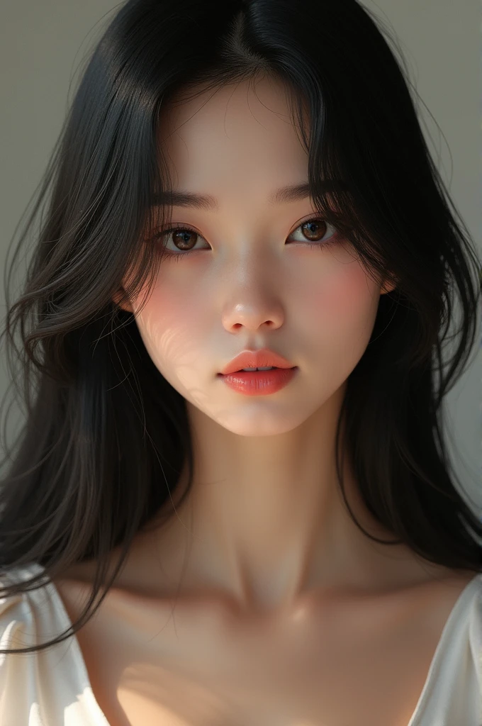 Girl with black, straight hair, good and perfect facial symmetry, cute and sexy features realistic image