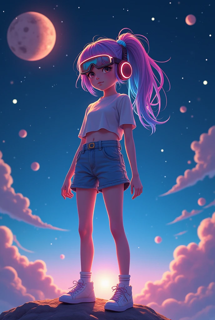 A girl wearing shorts and small top standing on the moon with space in the background, stars, planets, multicolored hair, goggles, headphones, Futurism, glowing light, sparkle, chromatic aberration abuse, atmospheric perspective, UHD, retina, high quality, highres, 16k