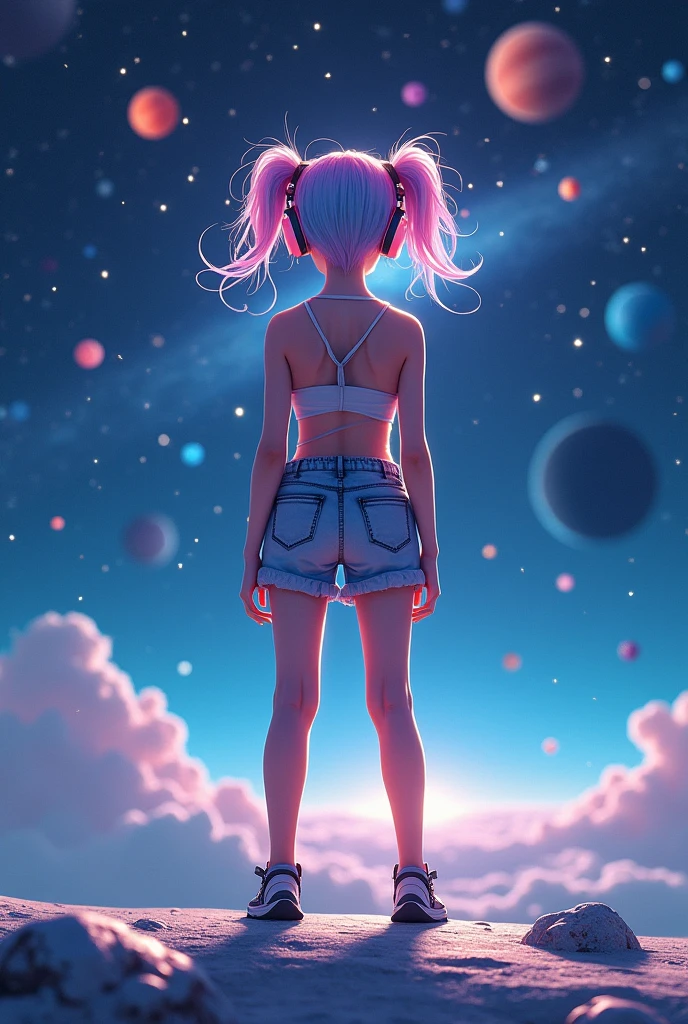 A girl wearing shorts and small top standing on the moon with space in the background, stars, planets, multicolored hair, goggles, headphones, Futurism, glowing light, sparkle, chromatic aberration abuse, atmospheric perspective, UHD, retina, high quality, highres, 16k