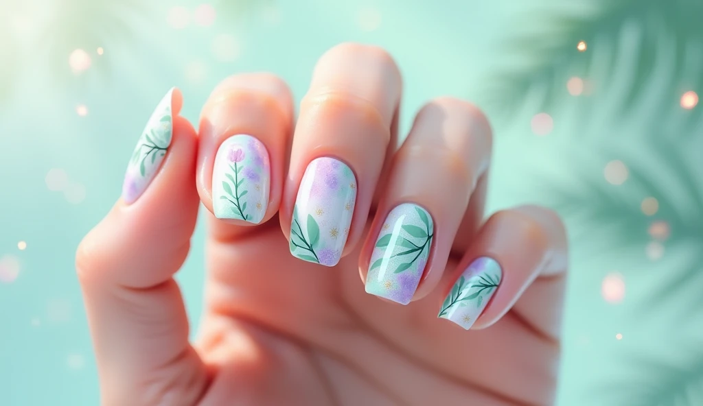 Tropical Breeze Nail Art: Capture the essence of a refreshing tropical breeze with this airy and elegant design. Each nail features a soft pastel palette of seafoam green and lavender. The design includes wispy, flowing lines that mimic the movement of a gentle breeze, with subtle touches of iridescent shimmer to add a touch of magic. The background is a light, translucent mist, allowing the breezy patterns to gently stand out.