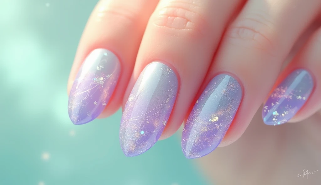 Tropical Breeze Nail Art: Capture the essence of a refreshing tropical breeze with this airy and elegant design. Each nail features a soft pastel palette of seafoam green and lavender. The design includes wispy, flowing lines that mimic the movement of a gentle breeze, with subtle touches of iridescent shimmer to add a touch of magic. The background is a light, translucent mist, allowing the breezy patterns to gently stand out.