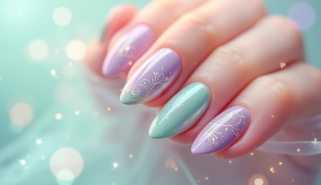 Tropical Breeze Nail Art: Capture the essence of a refreshing tropical breeze with this airy and elegant design. Each nail features a soft pastel palette of seafoam green and lavender. The design includes wispy, flowing lines that mimic the movement of a gentle breeze, with subtle touches of iridescent shimmer to add a touch of magic. The background is a light, translucent mist, allowing the breezy patterns to gently stand out.