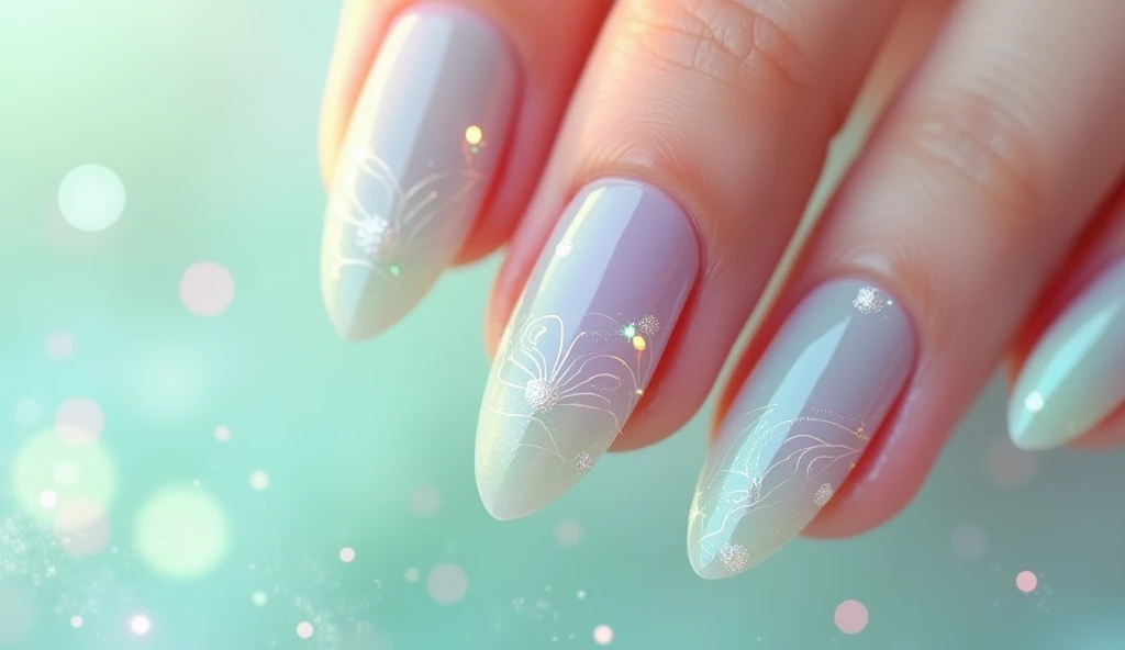 Tropical Breeze Nail Art: Capture the essence of a refreshing tropical breeze with this airy and elegant design. Each nail features a soft pastel palette of seafoam green and lavender. The design includes wispy, flowing lines that mimic the movement of a gentle breeze, with subtle touches of iridescent shimmer to add a touch of magic. The background is a light, translucent mist, allowing the breezy patterns to gently stand out.