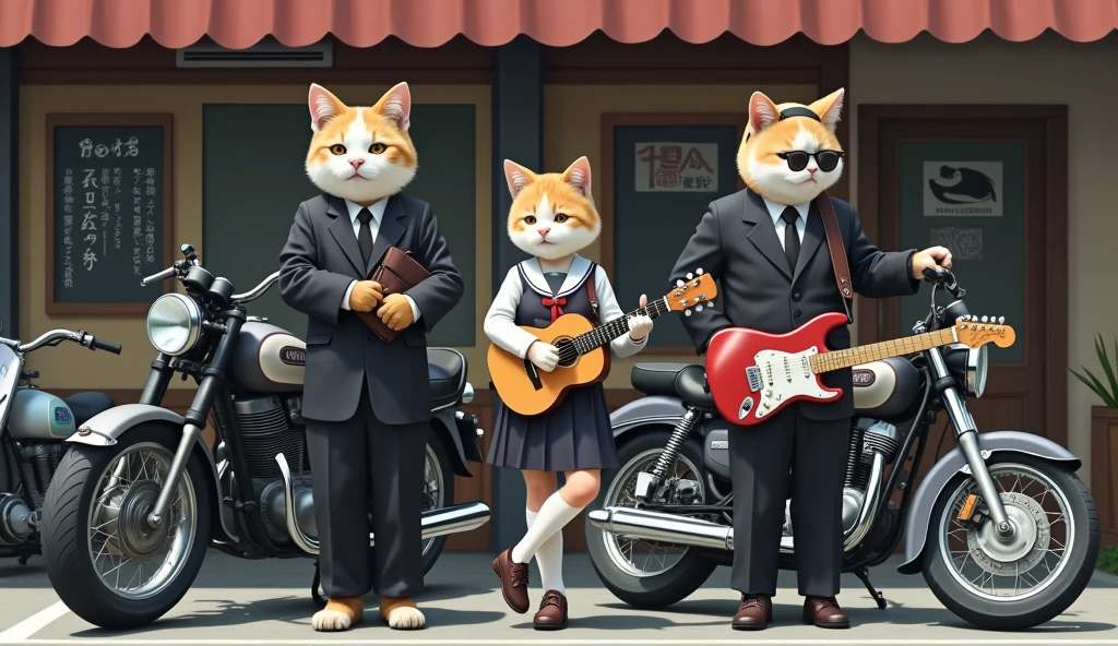 Real、live-action。Prompt: "Create a realistic and detailed scene featuring three anthropomorphic cats, each representing a traditional Japanese cat breed, dressed in school uniforms. The first cat is a Japanese Bobtail with a black male student uniform (gakuran) and a white headband, holding a guitar while standing confidently next to a motorcycle. The second cat is a Kurilian Bobtail wearing a female student uniform (sailor fuku), with a guitar slung over her shoulder and a thoughtful expression, holding a school bag. The third cat is a Kishu Bobtail wearing a black gakuran, sunglasses, and a headband, standing confidently next to a smaller motorcycle while holding a vintage electric guitar. The background includes a retro Japanese store front with handwritten chalkboard signs and motorcycles parked outside. The scene evokes a nostalgic, slightly rebellious atmosphere, reminiscent of a classic Japanese 'yankee' style from the Showa era."