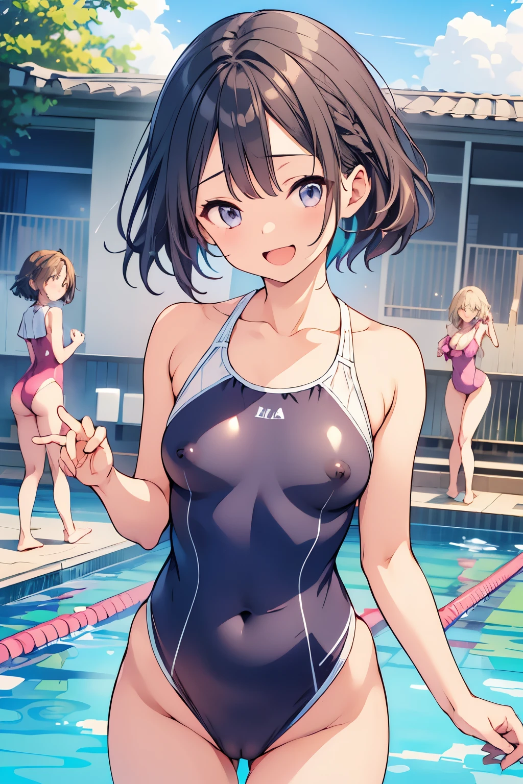 nsfw:1.2, best quality,((slippery)),((Smooth)),((A navy blue school one-piece swimsuit with a smooth, sparkling texture and a white piping line.:1.3)), (5 girls),(Outdoor swimming pool), (smile, :d), shiny skin, (whole body), {short black bob hair|exercise hair|low twintails hair}, {flat chest|small breasts|big breasts}, hair scrunchie, hair ornaments, (perfect lighting, side lighting, Light leakage), dynamic angle, (highest quality), (masterpiece), be familiar with, (figure), very delicate and beautiful, ((Focus on the lower body:1.4)), ((Five girls approaching a nearby center)), ((reach out to your audience:1.2)), japanese girl, Excessive sweating,NSFW,lily,lesbian,looking at the viewer,lined up side by side,Open your hips to the left and right with both hands,