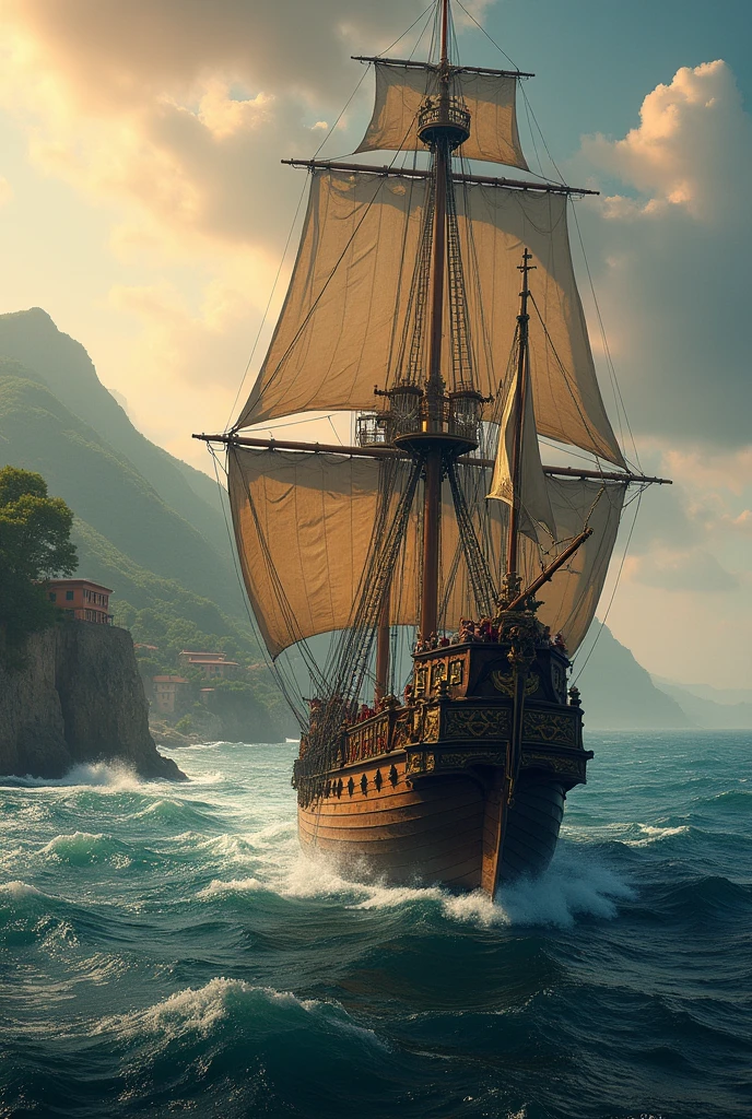 A European ship with large sails appears on the horizon, approaching the coast. (Narrative text: "But a different wind was blowing from the west....")