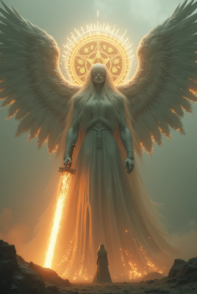 A colossal angel with two wheels around its head, adorned with numerous eyes surrounding the wheels. The eyes are veiled with a bandage, and its hair is e of light. It wields a fiery sword in its hands.