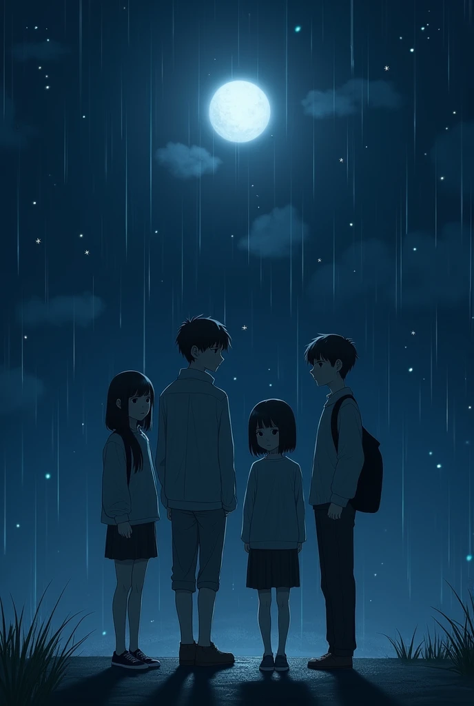 Two boys and two girls stand in the night.,A fine rain falls under the moonlight