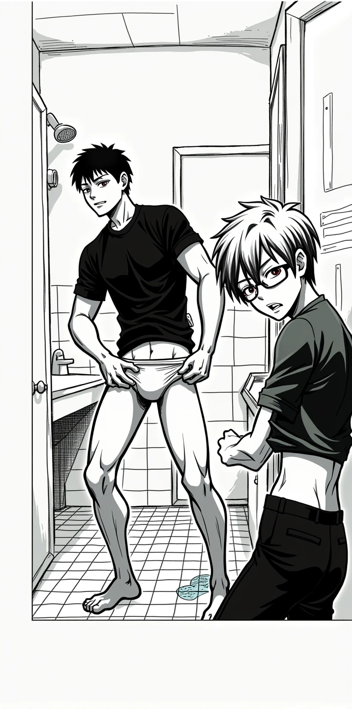 Slender, A muscular man in white briefs is holding his crotch. he is blushing. He is in the school bathroom., and、There is a puddle at his feet. The middle of his white briefs is yellow and wet.,He is wearing a school uniform,Middle school students