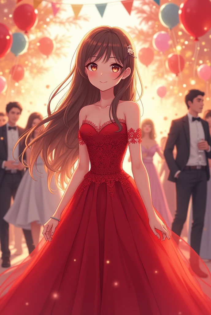 Cute anime girl in a red dress at a party
