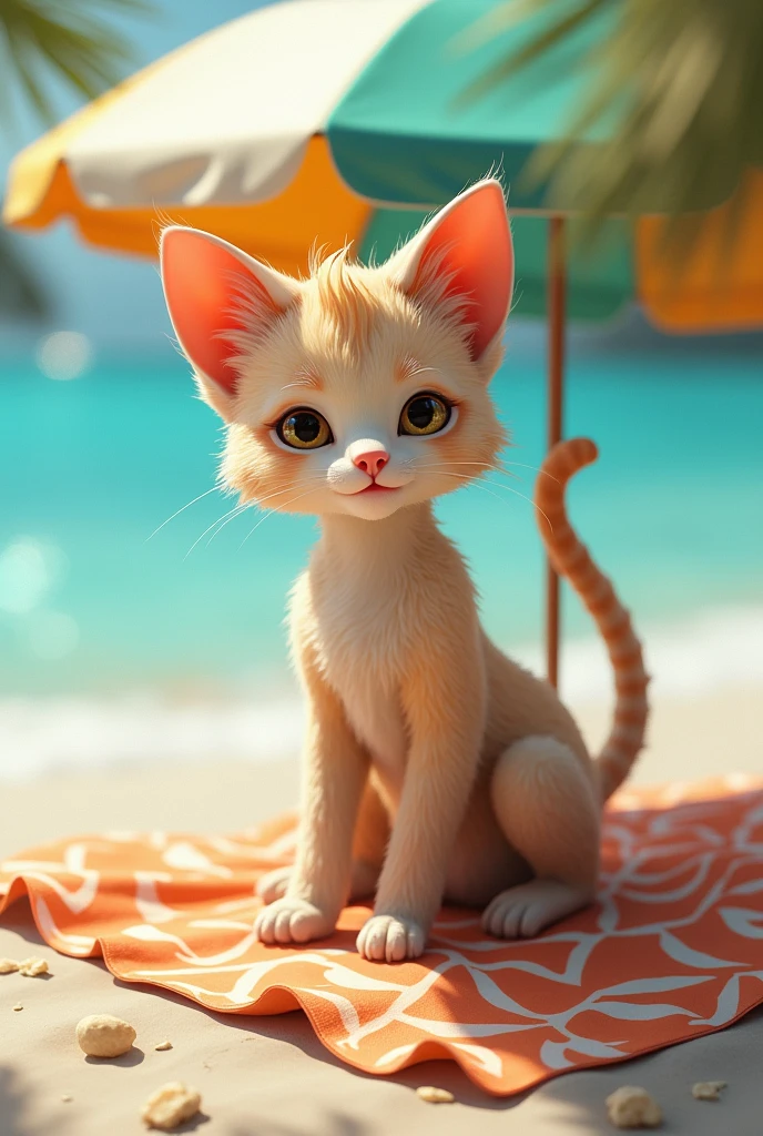 a female meowcarada sitting on a towel on the beach under an umbrella