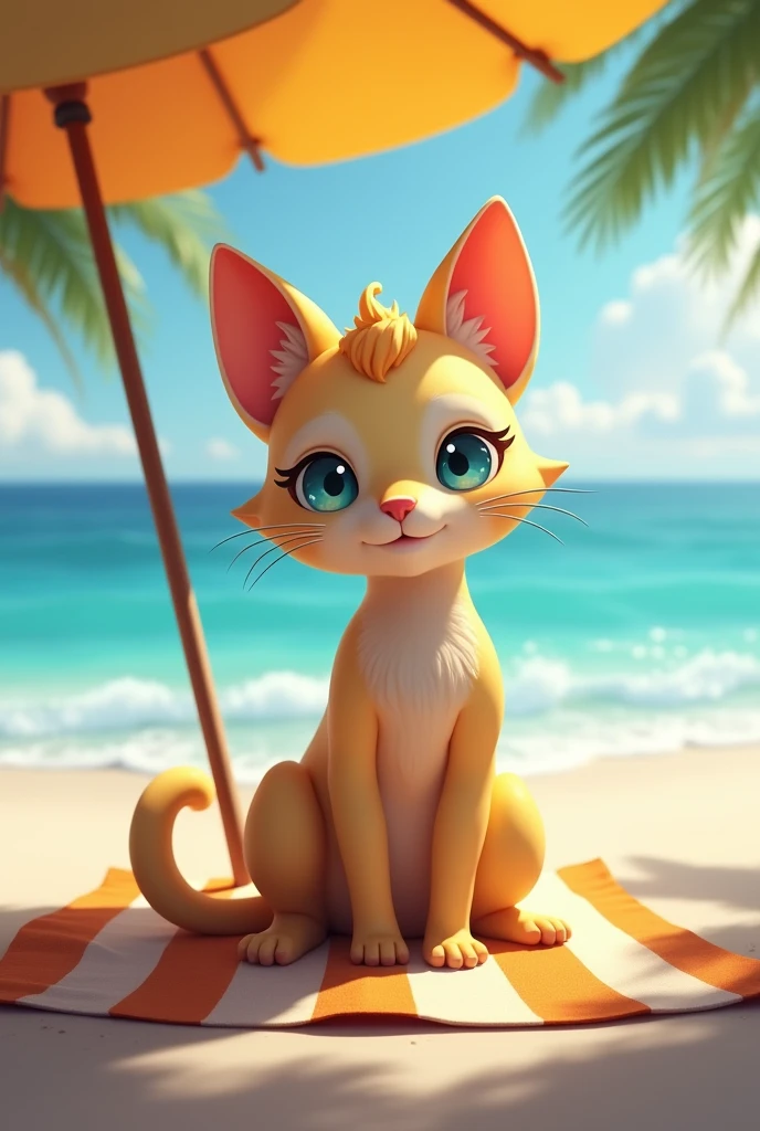 a female meowcarada sitting on a towel on the beach under an umbrella