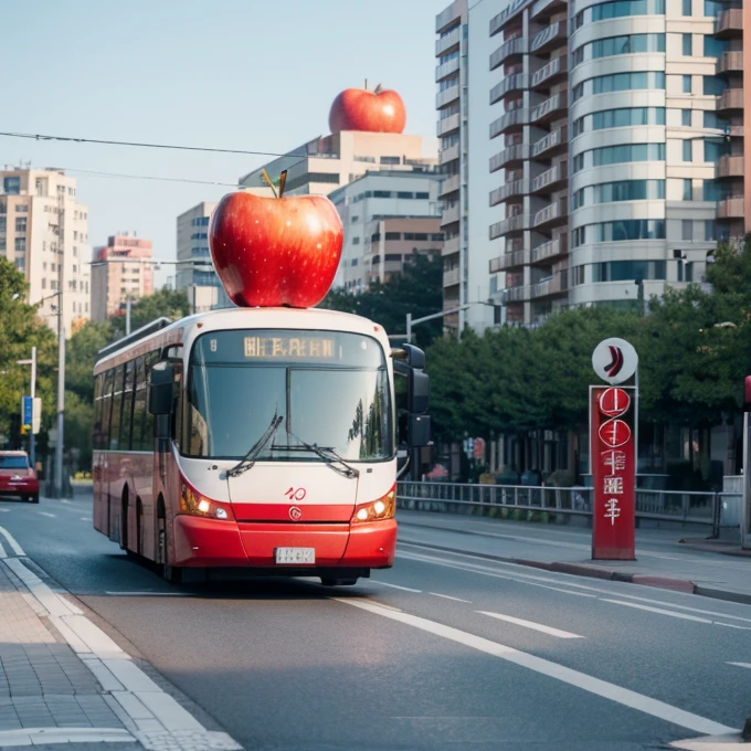 In the middle of the roundabout in the center of the city is a red apple-shaped art sculpture,Cars passing by on the adjacent road,An apple-themed bus stop,An apple-shaped light rail train running on the road,This is a city rich in apple resources