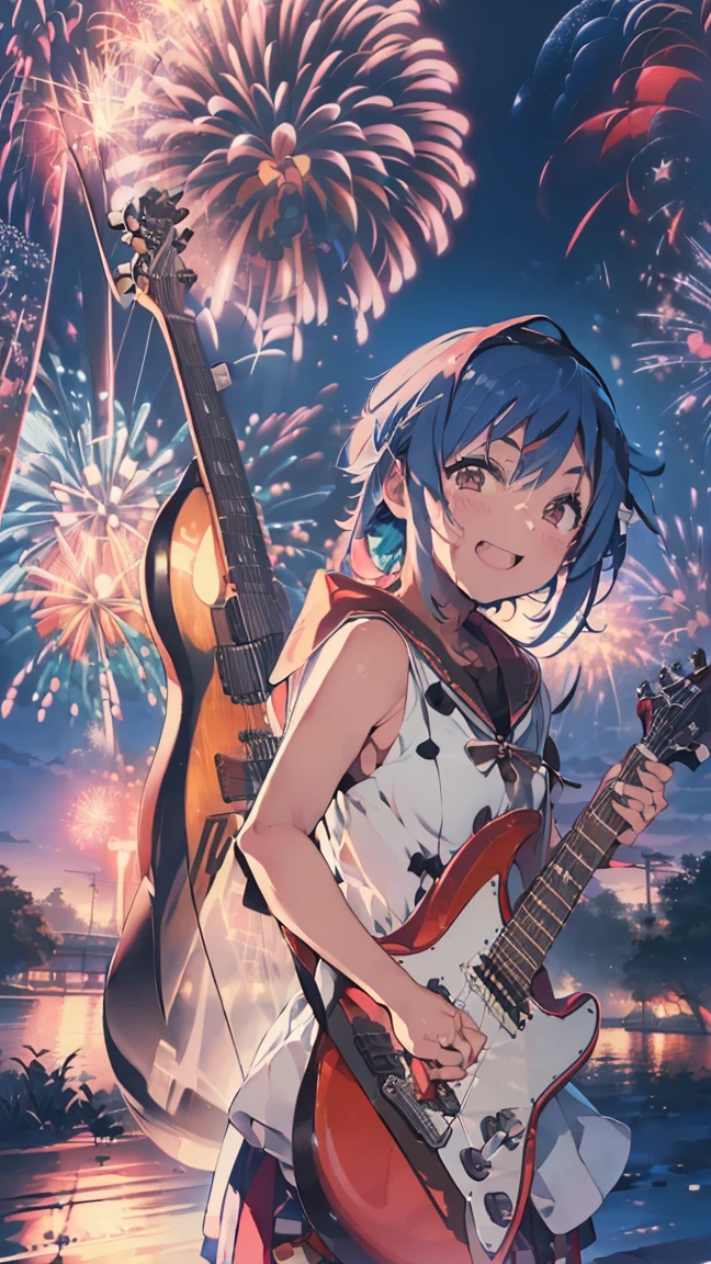 Outdoor, (((Electric guitar)), (((firework)))masterpiece, Highest quality, High resolution, Very detailed,(((Mikoto Naruhana with a guitar))), (((Outdoor)))、(((Laughing out loud。))), night, (((firework))), (((night空))), (((Electric guitar)))