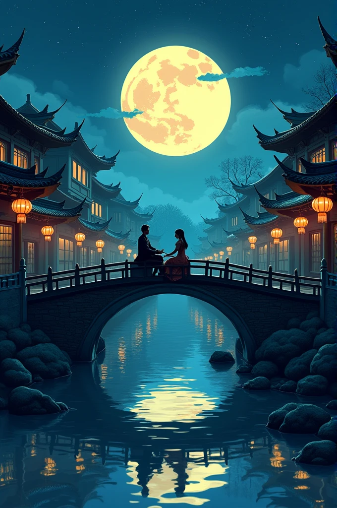 night,A man and a woman are sitting on the bridge,Surrounding it are ancient buildings with lanterns hanging all around. This building is Chinese style, The background is a brilliant moon. Below is the reflection of water. The animation style is inspired by the beautiful fantasy world of Studio Ghibli.,Ink style