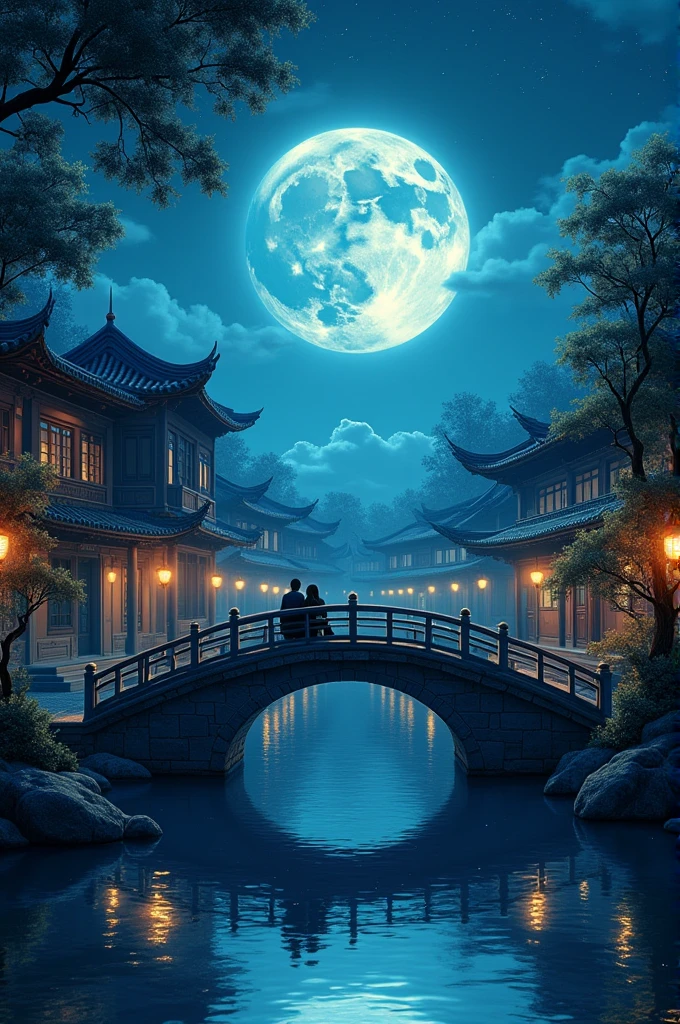 night,A man and a woman are sitting on the bridge,Surrounding it are ancient buildings with lanterns hanging all around. This building is Chinese style, The background is a brilliant moon. Below is the reflection of water. The animation style is inspired by the beautiful fantasy world of Studio Ghibli.,Ink style