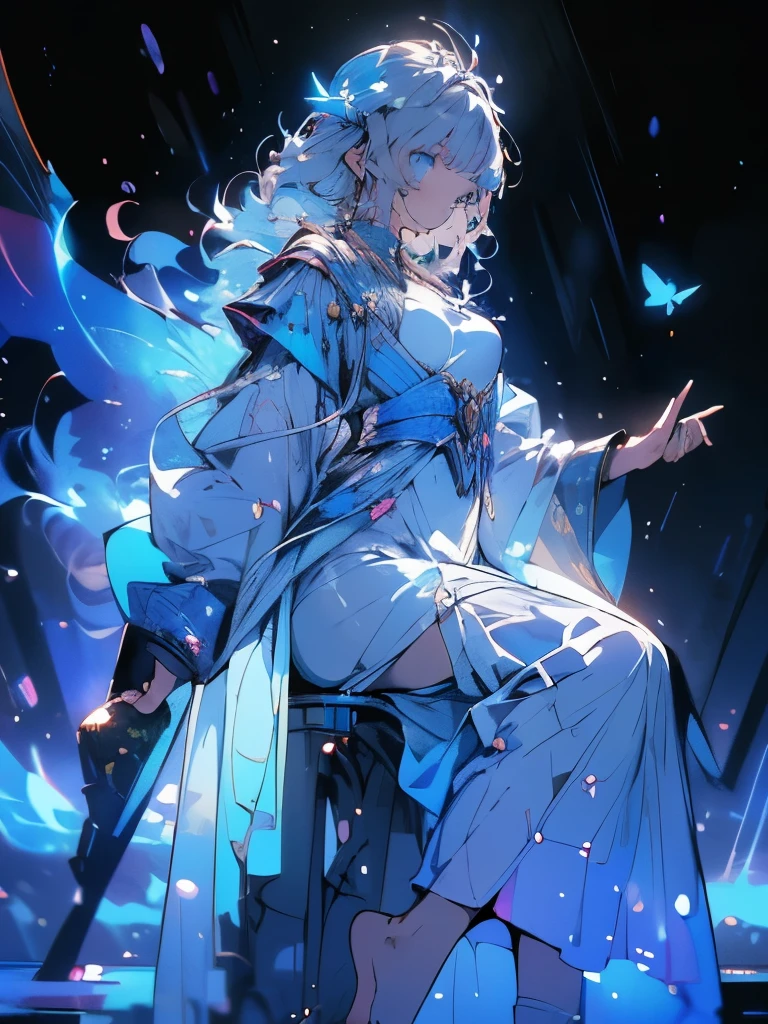 lyria, a girl, the most beautiful woman in the world, sitting in profile, white hair, long sideburns, blue hair, Blue eyes, (((bare feet in the water, wearing a light white dress with moving bands, where her hand touches a fairy) )), depth of a magical forest with neon flowers and fireflies, colorful flowers and leaves, {extremely detailed 16k CG unit wallpaper}, expansive landscape photography, (a view from below with focus on character and setting ), (wide open field view), (low angle shot), (high light: 1.2), (low light: 1.7), (warm light source: 1.2), complex details, (iridescent colors: 1.5), (bright lighting), (atmospheric lighting),  ((高精度呈现每一个detail)Extremely accurate depiction)[high resolution],pixiv, Digital Art on Pixiv, Popular on Pixiv, In Pixiv, Top rated on Pixiv, Anime fantasy illustration, Anime Fantasy Artwork, (Detailed illustrations,Very beautiful and detailed drawing,Delicate lines and rhythm,Real texture expression),[Painted main line] (best quality:1.2, Very detailed, up-to-date, Energetic, 超high resolution, High contrast, Very detailed, masterpiece:1.2, best quality, Best aesthetics), Beautiful female breasts, (Large Breasts), Delicate skin texture, detail
