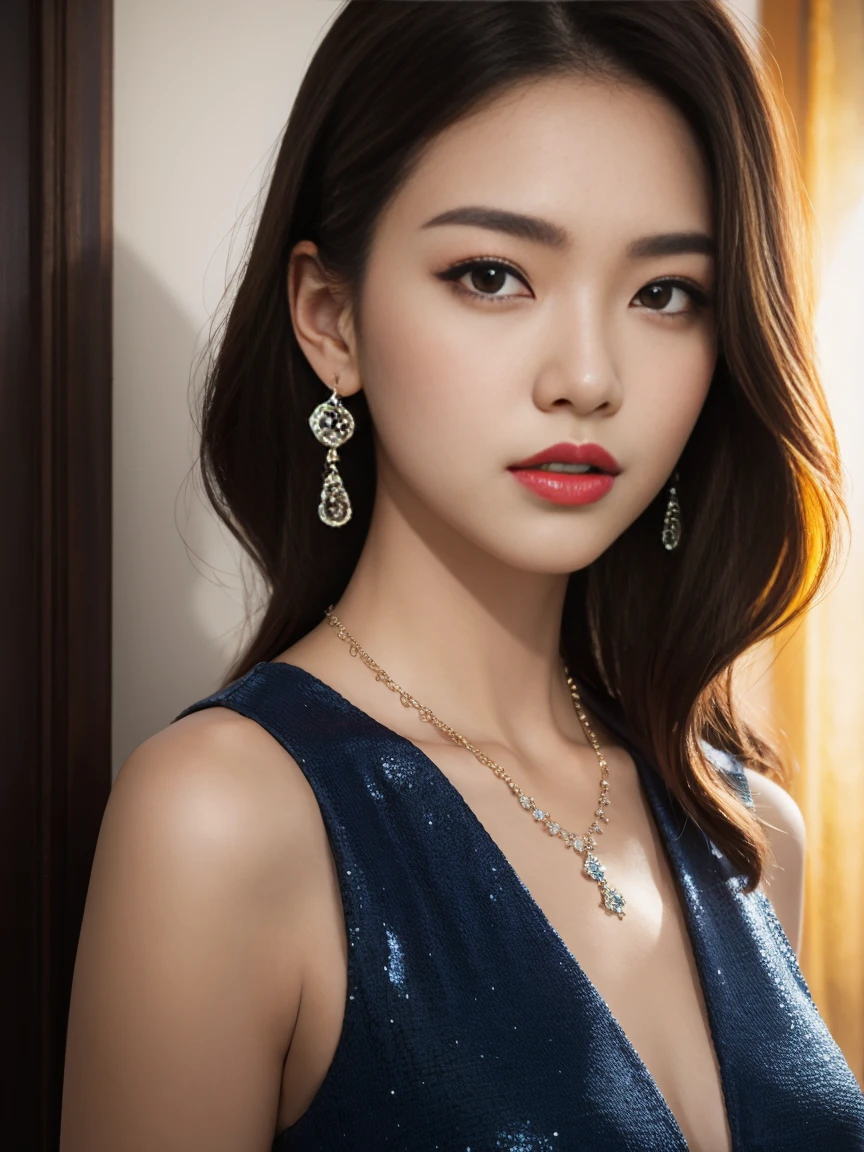 A stunning photo with great color saturation taken by Emily Soto, Beautiful Japanese idol woman wearing (Royal Color War), clavicle, (Mature:1.3), best quality, Hot and humid, Tempting,