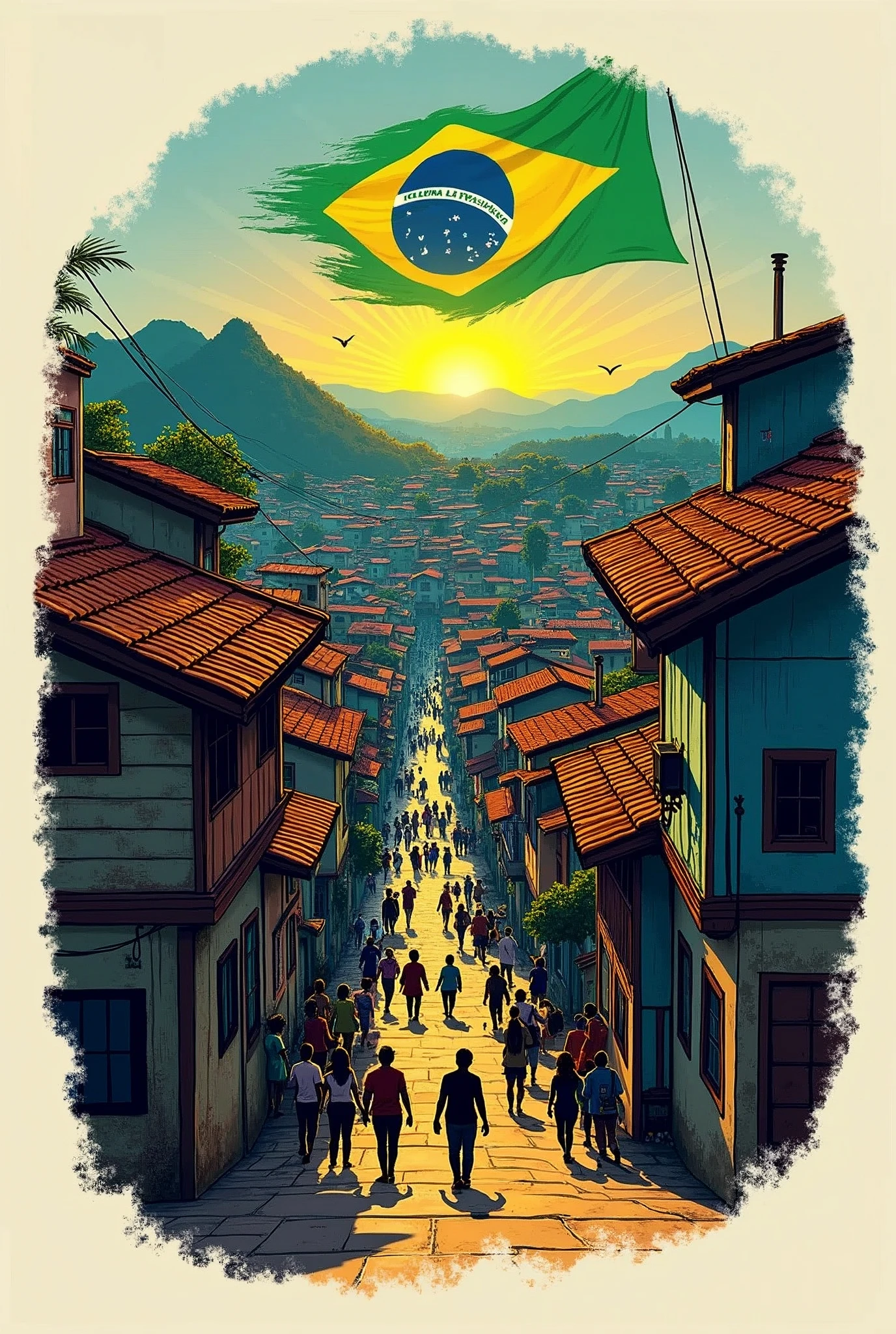 Create a Grajau roleplay logo with an image of a favela and a Brazilian flag on the house.